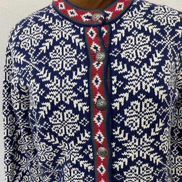 LL BEAN BEAUTIFUL HOLIDAY Nordic Blue White Snowflake Cardigan Sweater Size S